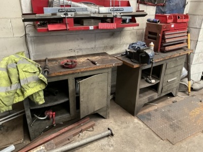 2No. APPROX 4ft x 2ft WORKBENCHES, VICE, TOOLBOX & CONTENTS