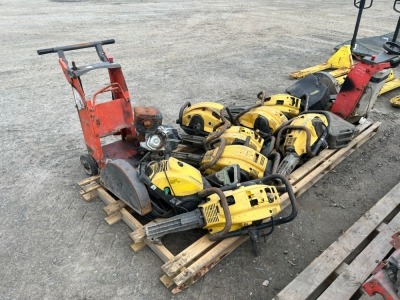 PALLET TO INCLUDE ASSORTED PETROL JACK HAMMERS, ROAD SAWS, POWER WASHER