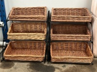 2No. THREE TIER WICKER BASKET COUNTERTOP DISPLAY STANDS & QUANTITY OF UNUSED ASSORTED CONSUMABLES - 2