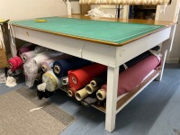 CUTTING TABLE & QUANTITY OF UNUSED COTTON DRILL, VELVETS & IRISH LINEN