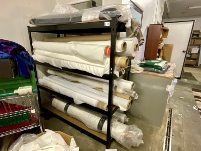 4 TIER SHELVING UNIT & QUANTITY OF ASSORTED UNUSED POLESTER FABRICS