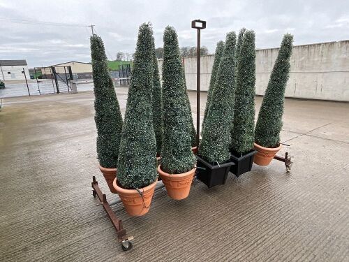 10No. ARTIFICIAL EXTERIOR TREES ON METAL STORAGE TROLLEY