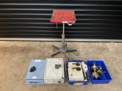 LOT TO INC. MOBILE STAND, ASSORTED SWITCHES & ISOLATORS, 3No. GAS REGULATORS