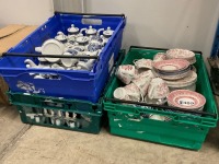 LARGE QUANTITY OF CHURCHILL BLUE WILLOW & CRANBERRY WILLOW CERAMIC TEACUPS, SAUCERS, SIDE PLATES, TEAPOTS & MILK JUGS - 2