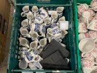 LARGE QUANTITY OF CHURCHILL BLUE WILLOW & CRANBERRY WILLOW CERAMIC TEACUPS, SAUCERS, SIDE PLATES, TEAPOTS & MILK JUGS - 7