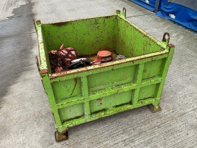 METAL STILLAGE CRATE TO INC. APPROX. 8No. ASSORTED CHAIN HOISTS