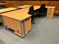 2No. 1600mm CORNER DESKS, 2No. THREE DRAWER PEDESTALS & 2No. OPERATOR CHAIRS - 2