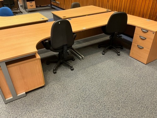 2No. 1600mm CORNER DESKS, 2No. THREE DRAWER PEDESTALS & 2No. OPERATOR CHAIRS