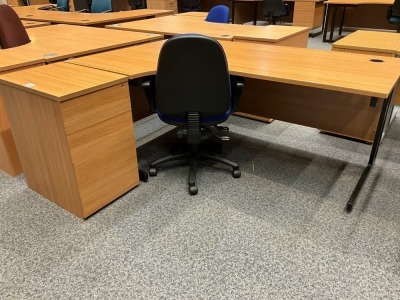 1800mm LEFT HAND CORNER DESK, THREE DRAWER PEDESTAL & OPERATOR CHAIR