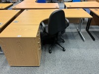 1800mm LEFT HAND CORNER DESK, THREE DRAWER PEDESTAL & OPERATOR CHAIR