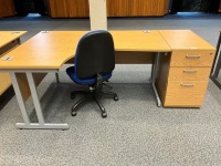 1600mm LEFT HAND CORNER DESK, THREE DRAWER PEDESTAL & OPERATOR CHAIR