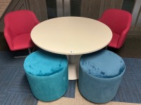 1200mm ROUND MEETING TABLE, 2No. SWIVEL MEETING CHAIRS & 2No. 550mm TUB STOOLS - 2