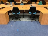 2No. 1600mm CORNER DESKS, 2No. THREE DRAWER PEDESTALS & 2No. OPERATOR CHAIRS