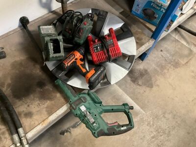 LOT TO INC. CORDLESS DRILL, ASSORTED POWER TOOL CHARGERS, PARKSIDE LANCE, WHEEL TRIM, PIPE CLAMP