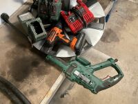 LOT TO INC. CORDLESS DRILL, ASSORTED POWER TOOL CHARGERS, PARKSIDE LANCE, WHEEL TRIM, PIPE CLAMP - 2