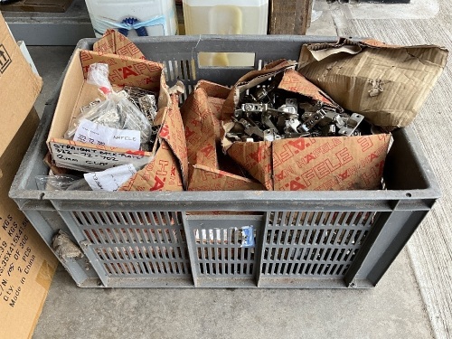 PLASTIC CRATE TO INC. LARGE SELECTION OF UNUSED KITCHEN CABINET HINGES 