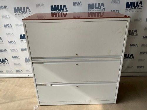 3 COMPARTMENT METAL TAMBOUR UNIT C/W GLASS TOP