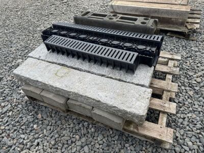 2No. GRANITE KERBS, 4No. CONCRETE KERBS, ASSORTED AQUA CHANNELS & 2No. TEMPORARY FENCING FEET