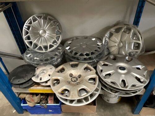 SHELF LOT TO INC. ASSORTED WHEEL TRIMS & WHEEL CENTRES