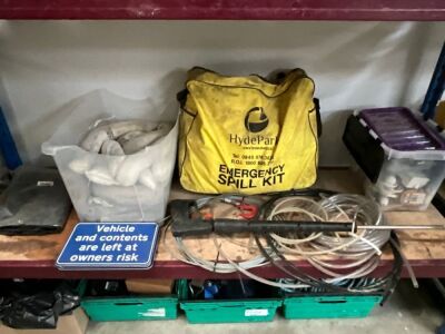 SHELF LOT TO INC. SPILL KITS, LANCE, HOSE, WIRE ROPE, SIGNS & ELECTRICAL EQUIPMENT ETC