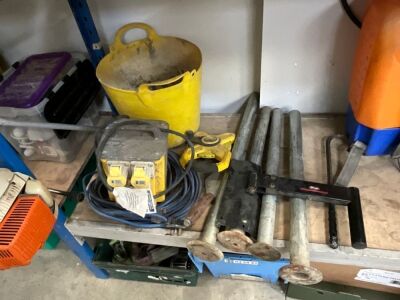 LUCKY DIP TO INC. TRANSFORMER BOX, EXTENSION LEAD, LARGE MEASURING TAPE, BUCKET, 4No. JACKLEGS & BRACKET