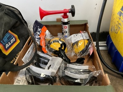 LOT BUNDLE TO INC. AIR HORN, 3No. UNUSED EAR MUFFS, 5No. UNUSED GOOGLES