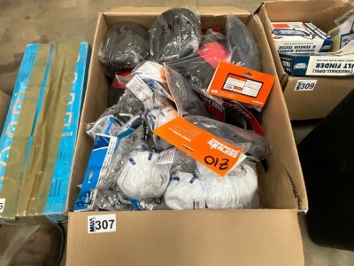 BOX LOT TO INC. FACE MASKS, KNEE PADS, GLOVES