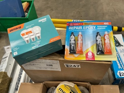 BOX LOT TO INC. LIGHT BULBS, REPAIR EPOXY