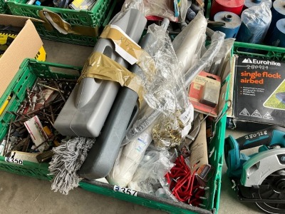 LOT BUNDLE TO INC. 2No. MOPS, BOW SAW, HAND SAW, AIR GUN, ASSORTED HOOKS