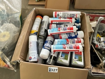 BOX LOT TO INC. ASSORTED SEALANT, SPRAY PAINT, OIL