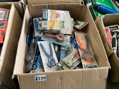 BOX LOT TO INC. ASSORTED TOOLS, PLIERS, PIPE CUTTERS, CUTTERS, NIPPERS, DRILL, SOCKET BAR, RASPING TOOL, ALARM KIT