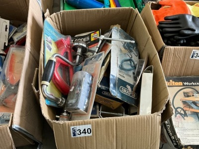 BOX LOT TO INC. ASSORTED TOOLS, PLIERS, PIPE CUTTERS, CUTTERS, NIPPERS, DRILL, SOCKET BAR, RASPING TOOL, ALARM KIT