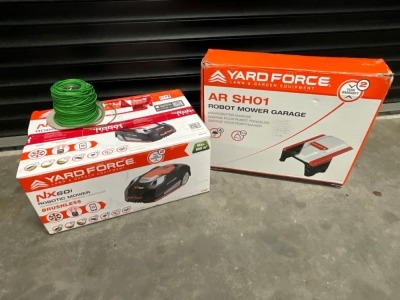 UNUSED YARD FORCE ROBOT MOWER, BOUNDARY WIRE & GARAGE