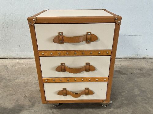 THREE DRAWER STORAGE TRUNK ON WHEELS