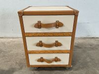 THREE DRAWER STORAGE TRUNK ON WHEELS