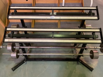DUMBELL & BARBELL RACK WITH 4No. ASSORTED BARBELLS
