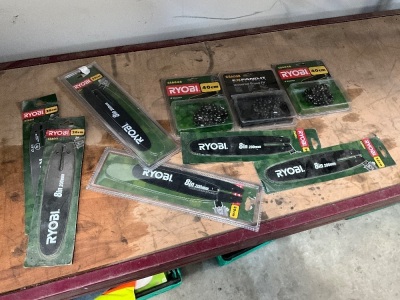 APPROX. 6No. UNUSED 8" RYOBI CHAINSAW BARS & 3No. UNUSED CHAINS