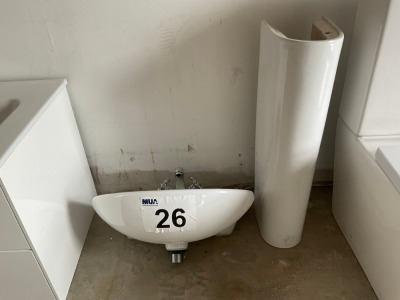 500 CERAMIC ROUND-FRONT BASIN WITH FULL PEDESTAL AND CHROME TAP