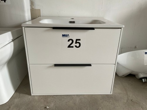 600 WALL-MOUNTED MATTE WHITE TWO-DRAWER UNIT WITH BLACK HANDLES AND BASIN
