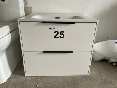 600 WALL-MOUNTED MATTE WHITE TWO-DRAWER UNIT WITH BLACK HANDLES AND BASIN