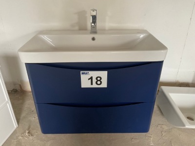 800MM WALL MOUNTED DOUBLE DRAWER ARC INDIGO BLUE UNIT & BASIN INCLUDING CHROME TAP