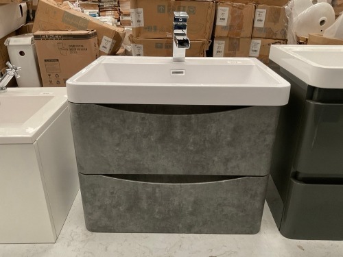 600 WALL-MOUNTED TWO-DRAWER UNIT IN CONCRETE GREY FINISH WITH CHROME TAP