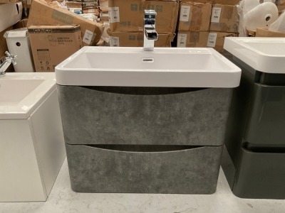 600 WALL-MOUNTED TWO-DRAWER UNIT IN CONCRETE GREY FINISH WITH CHROME TAP