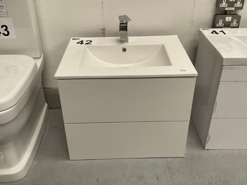 600 WALL-MOUNTED TWO-DRAWER UNIT IN WHITE GLOSS WITH CHROME TAP