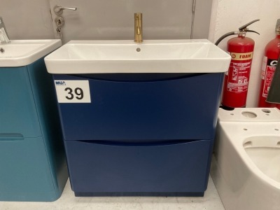 800 FLOOR-STANDING INDIGO BLUE TWO-DRAWER UNIT WITH BRUSHED BRASS TAP