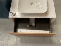 800 WALL-MOUNTED SINGLE-DRAWER UNIT WITH OAK DRAWER FRONT, MATTE WHITE SURROUND, AND FREESTANDING CERAMIC BASIN ON TOP - 2