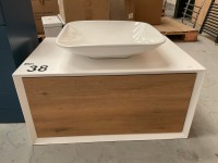 800 WALL-MOUNTED SINGLE-DRAWER UNIT WITH OAK DRAWER FRONT, MATTE WHITE SURROUND, AND FREESTANDING CERAMIC BASIN ON TOP - 3