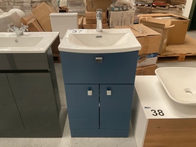 500 FLOOR-STANDING UNIT, SINGLE TOP DRAWER WITH TWO DOORS BELOW, IN BLUE WITH BASIN AND CHROME TAP