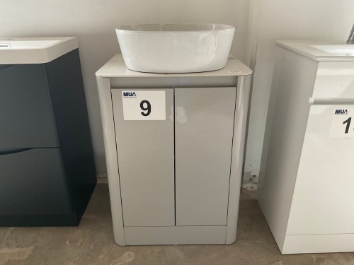 550-WIDE TWO-DOOR GREY GLOSS UNIT WITH CARRARA WORKTOP AND FREESTANDING BASIN