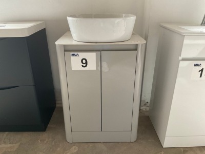 550-WIDE TWO-DOOR GREY GLOSS UNIT WITH CARRARA WORKTOP AND FREESTANDING BASIN